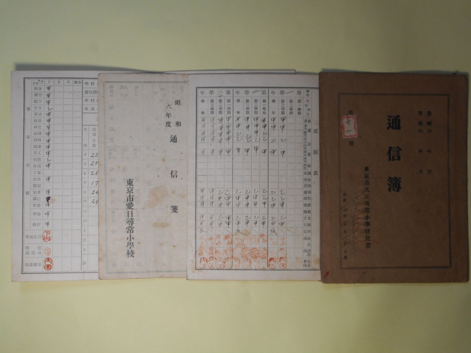 画像1: （教育資料）　昭和6年度通信箋/東京市愛日尋常小学校第1学年1、2学期、昭和6年〜8年度通信簿/東京市大正尋常小学校第1学年3学期〜第3学年、昭和13年度通信票/東京市下谷高等小学校第2学年　計3枚